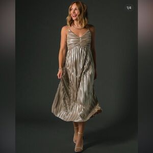 Baltic Born Cecelia Pleated Dress in Metallic Champagne NWT